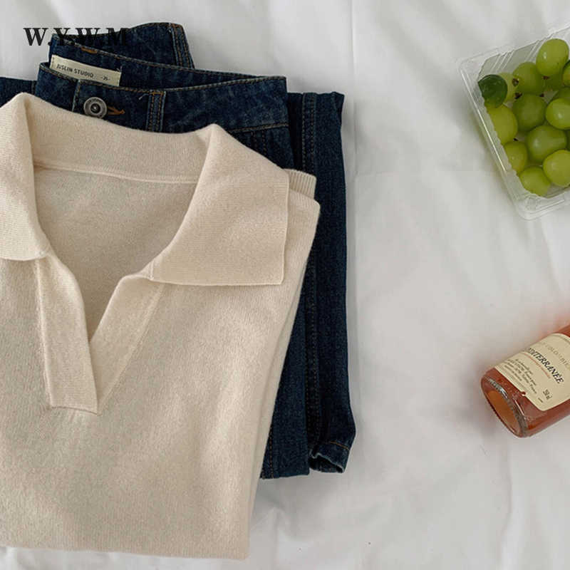 WYWM Autumn Thin Knitted Sweater Women Vintage Polo Collar Long Sleeve Streetwear Pullover Korean Casual V-neck Female Clothing 211018