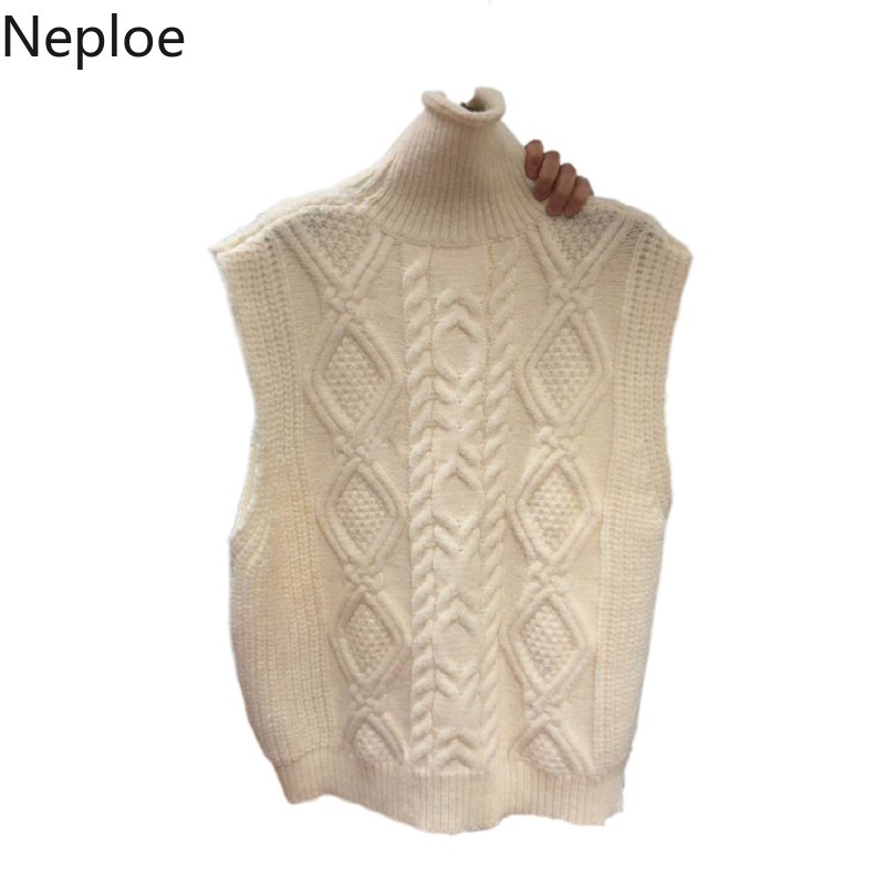 Neploe Temperament Turtleneck Knitwear Pullovers Vest Female Winter Clothes Solid Color Knitted Ribbes Waistcoat Women Tank Tops 210422