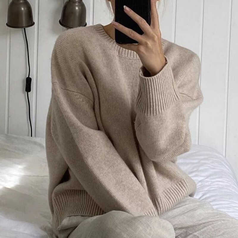 Hirsionsan Winter Oversized Sweater Women Elegant Knitted Basic Pullovers O Neck Loose Soft Female Cashmere Jumper 210918