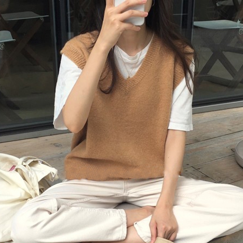 Sleeveless Loose Knitted Women Vintage Pullover V-neck Sweater Vest Autumn Winter Warm Sweaters Oversize 12231 210415