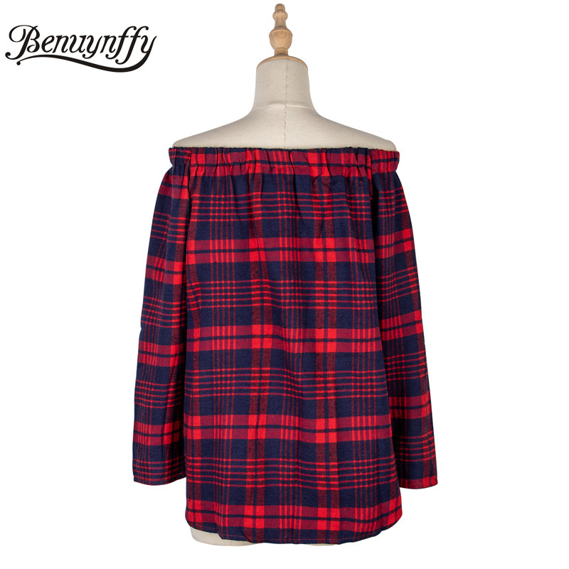 Button Front Plaid Off Shoulder Top Women Autumn Slash neck Long Sleeve Tops Loose Casual Streetwear Ladies Blouses 210510