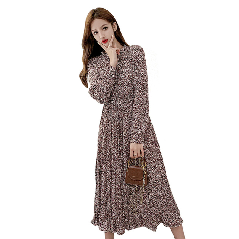 Floral Print Chiffon Dress Autumn Women Vintage Midi Long Sleeve Stand Collar High Elastic Waist Vestidos 10530 210506
