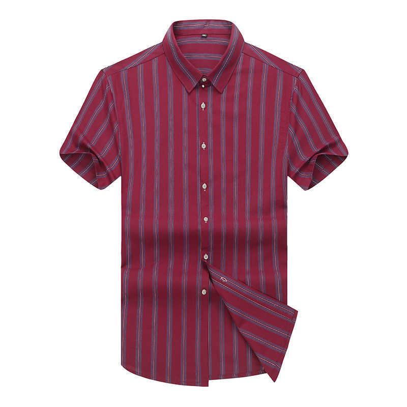 Plus Size 7XL 6XL 5XL Mens Business Casual Short Sleeve Striped Shirt Button UP Cotton Male Red Blue Social Dress Shirts 210528
