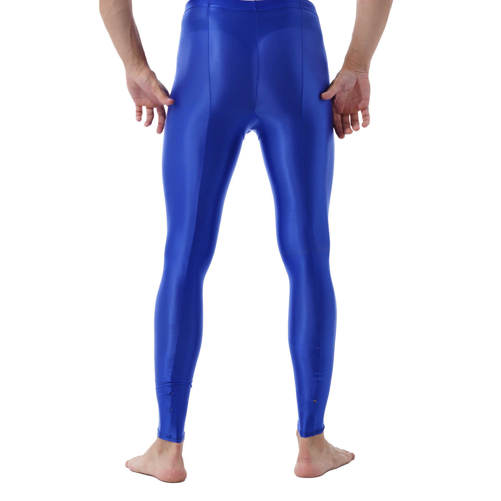 Mens Solid Color Glossy Pants Comfortable Bulge Pouch Pants Mid Elastic Waistband Stretchy Leggings Exotic Skinny Pants Y0811