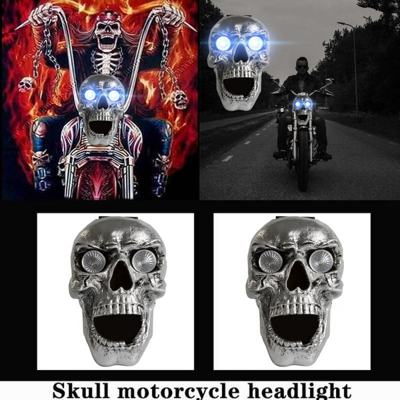 Headlight Universal Custom LED Heada Light Metal Skull HeadlLamp Halloween Motorcycle Decorative Lights