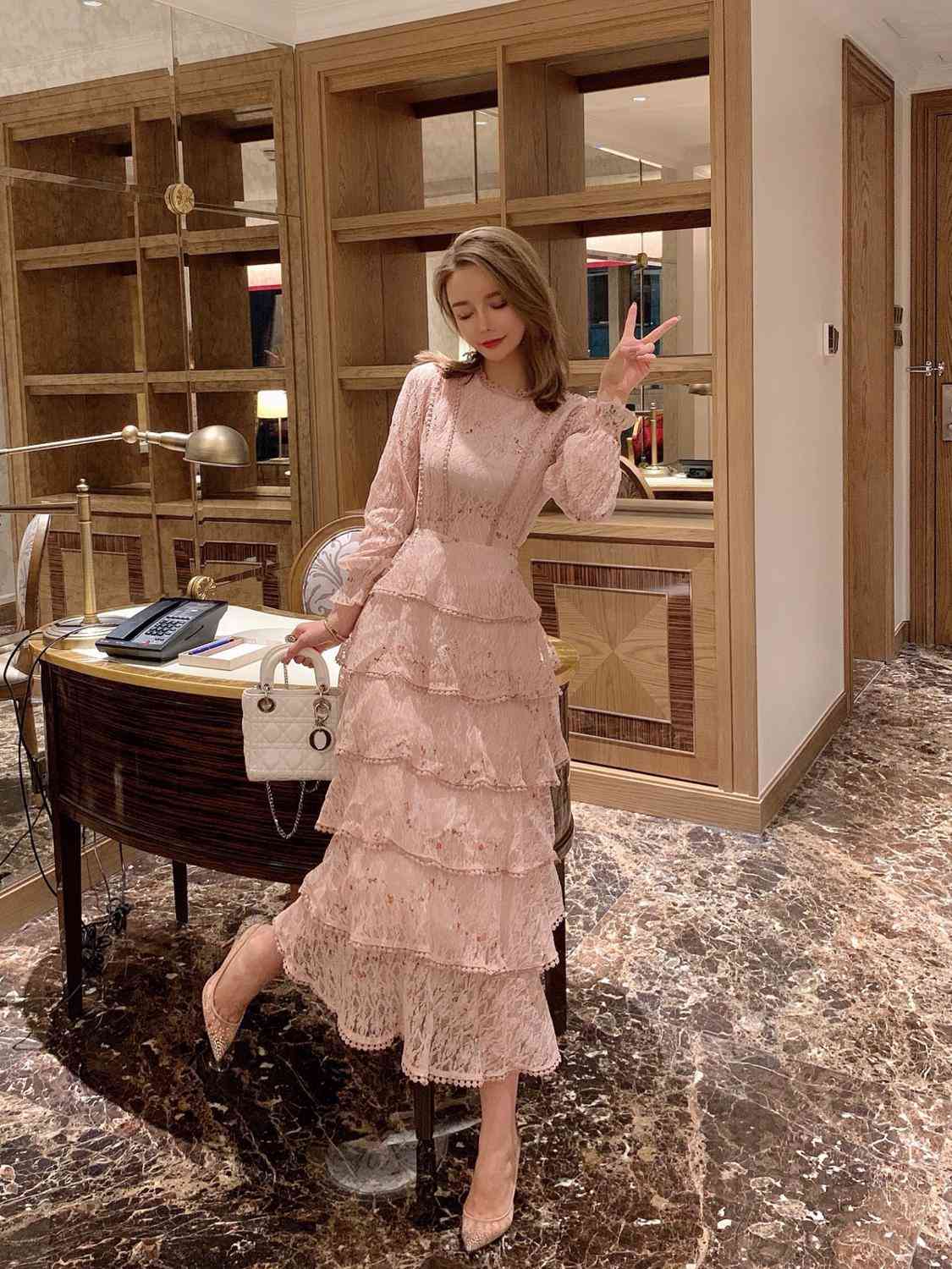 pring Summer Pink Lace Embroidery Maxi Dress Female Full sleeve high waist Ruffle elegant Long party dresses Woman 210506
