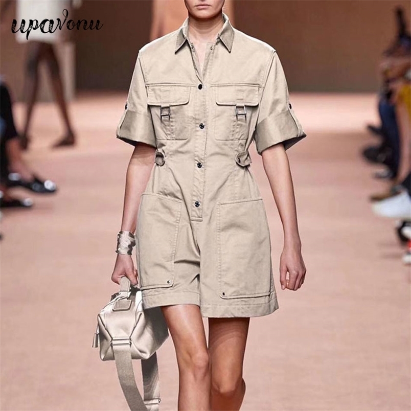 Free Women Jumpsuit Casual Lapel Short Sleeve Big Pocket Back Elastic Band Fashion Workwear 210524