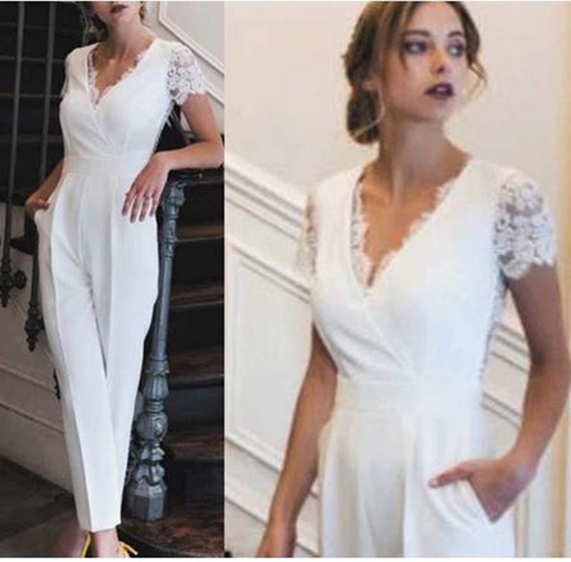 Casual Elopement Jumpsuits Wedding Dress For Women White Lace Appliqued V Neck Pant Suits With Pockets Short Sleeve Bride Formal Reception Gowns 2022