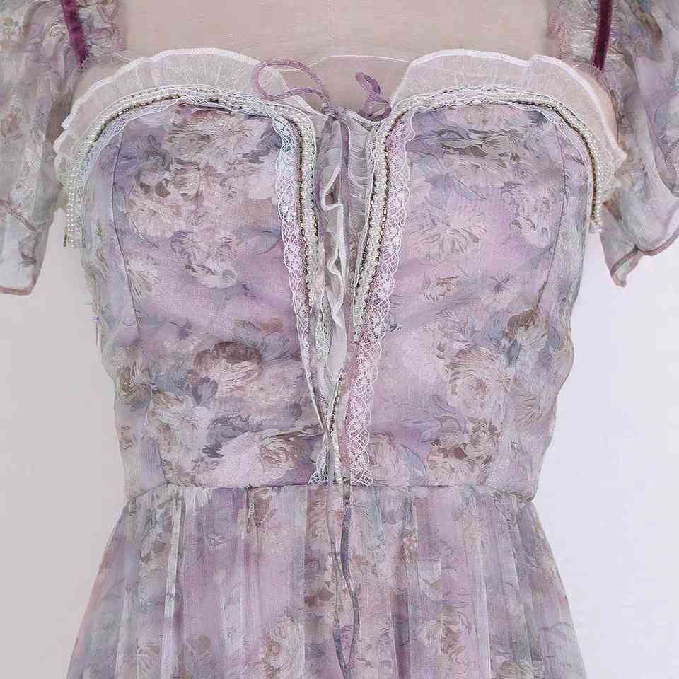 vintage midi pink dress sweet cute floral printed patchwork lace square collar sleeveless summer dresses party 210421