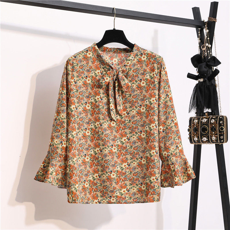 Women's Party Blouses Spring Autumn Long Sleeve Bow Neck Flower Shirts OL Petal Blusas Floral Chiffon Tops for Woman 210514