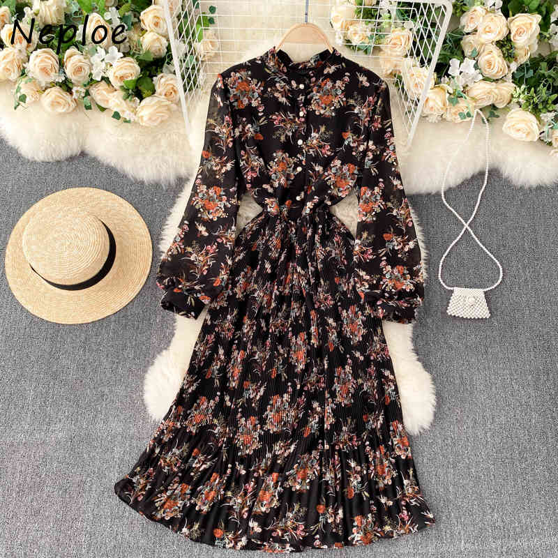 Neploe O Neck Pullover Long Sleeve Dress Women High Waist Hip A Line Print Vestidos Mujer Spring New Draped Robe Slim Dress 210422