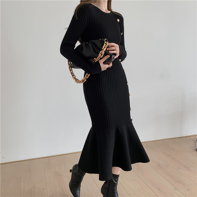 Autumn Winter Bottoming Dress Elegant Slim-fit Long Knitted Women OL Style Package Hip Fishtail es 210421