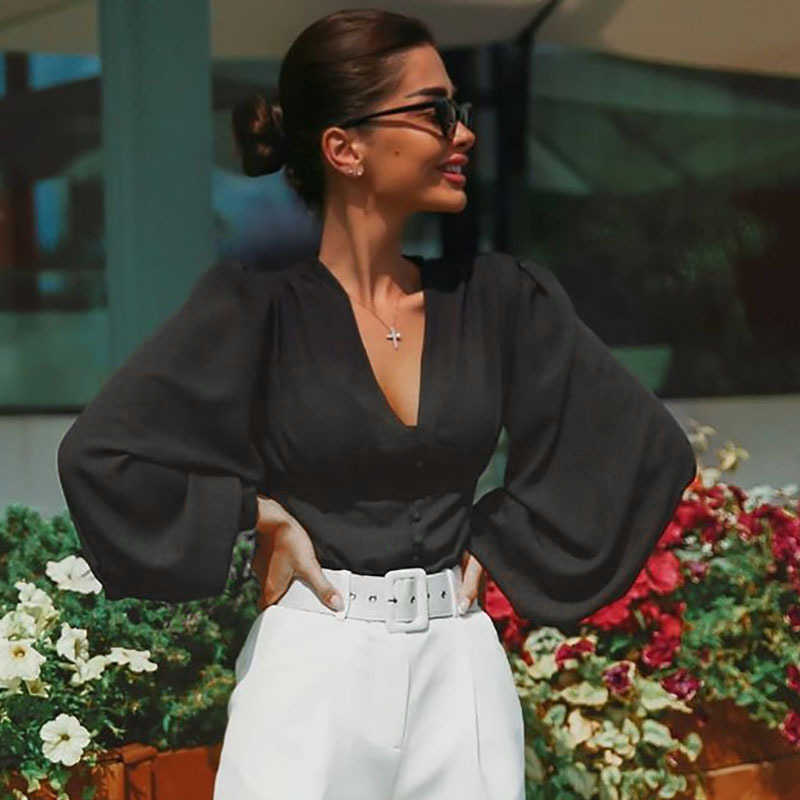 Colysmo Long Lantern Sleeve Women Shirt Button Deep V Neck Sexy Blouse Top Solid Crop Tops Elegant Party Ladies Blusas 210527