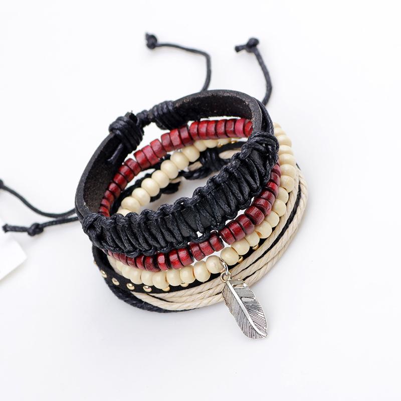 Charm Bracelets 4pcs/set Punk Black Cord Knots Leather Leaf Rivet Red Beige Wooden Bead Stacked Layers Wide Bangle For Man
Charm Bracelets 4pcs/set Punk Black Cord Knots Leather Leaf Rivet Red Beige Wooden Bead Stacked Layers Wide Bangle For Man