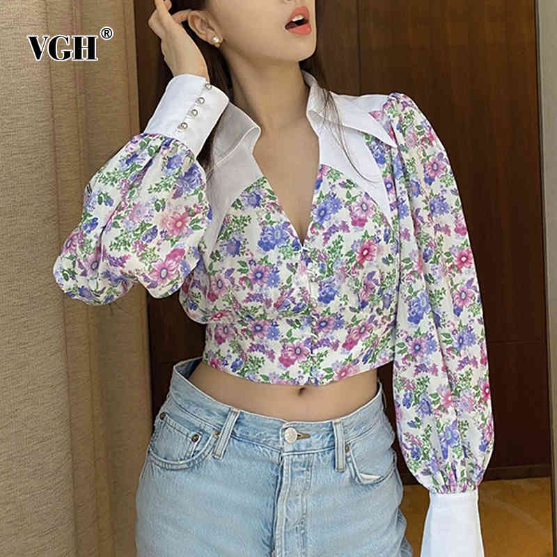 VGH Elegant Print Floral Shirt For Women Lapel Lantern Sleeve Hit Color Short Blouse Female Fashion New Clothing Spring 210421