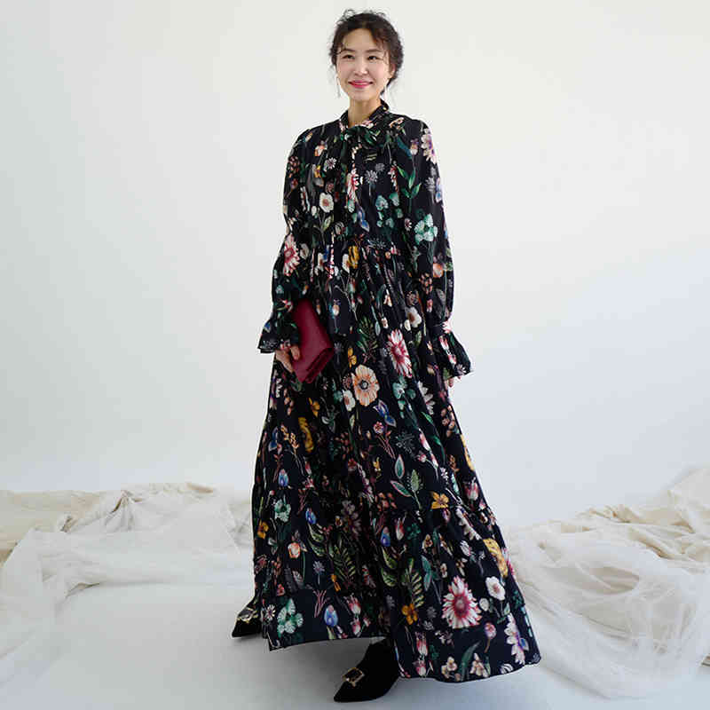 Spring Autumn Women Vintage Loose High Waist Slim Was Thin Elegant Flowers Big Swing Maxi Dress 210427
