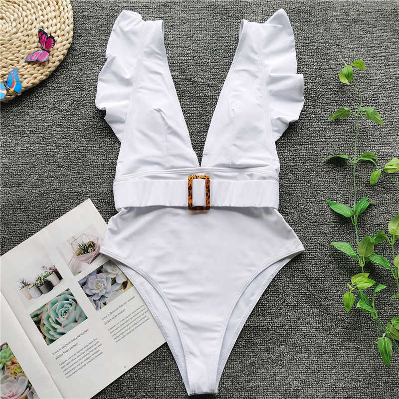 Vigorashely Sexy High Waist Swimwear Women Vintage Swimsuit Female Belt Monokini Deep V Bathing Suit Swim Wear 210702