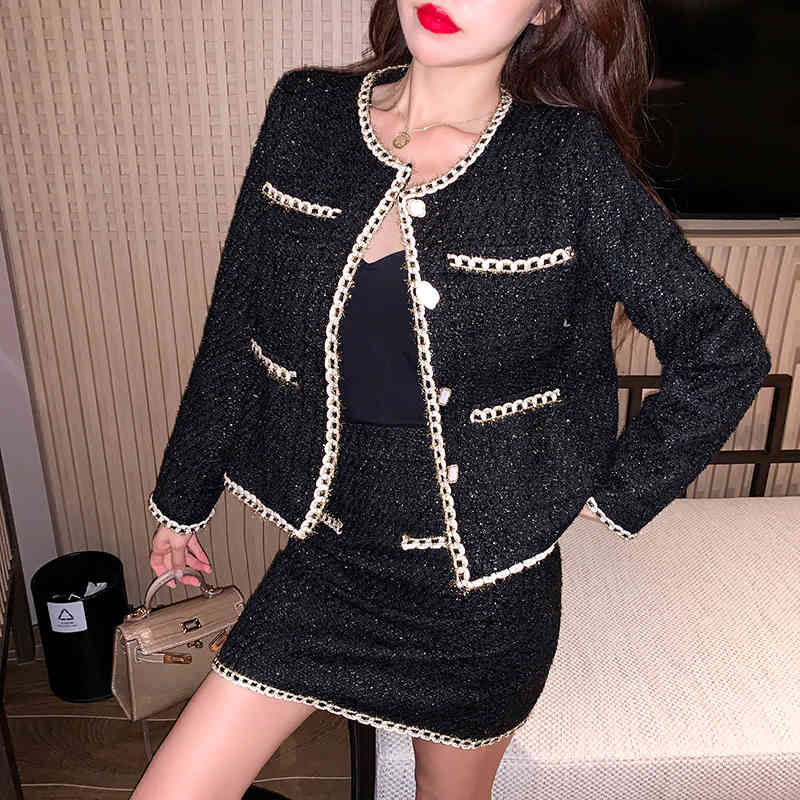 Autumn Women's Two-Piece Sets Elegant Fashion Tweed Single Breasted Jacket Coat + High Waist Mini Skirt Suit Ladies 210519