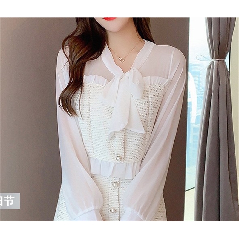 Fall Two piece set Women Chiffon Patchwork Tweed Bowknot Long Sleeve Ruffles Shirt Top + A-line Mini Skirt Suits 210519