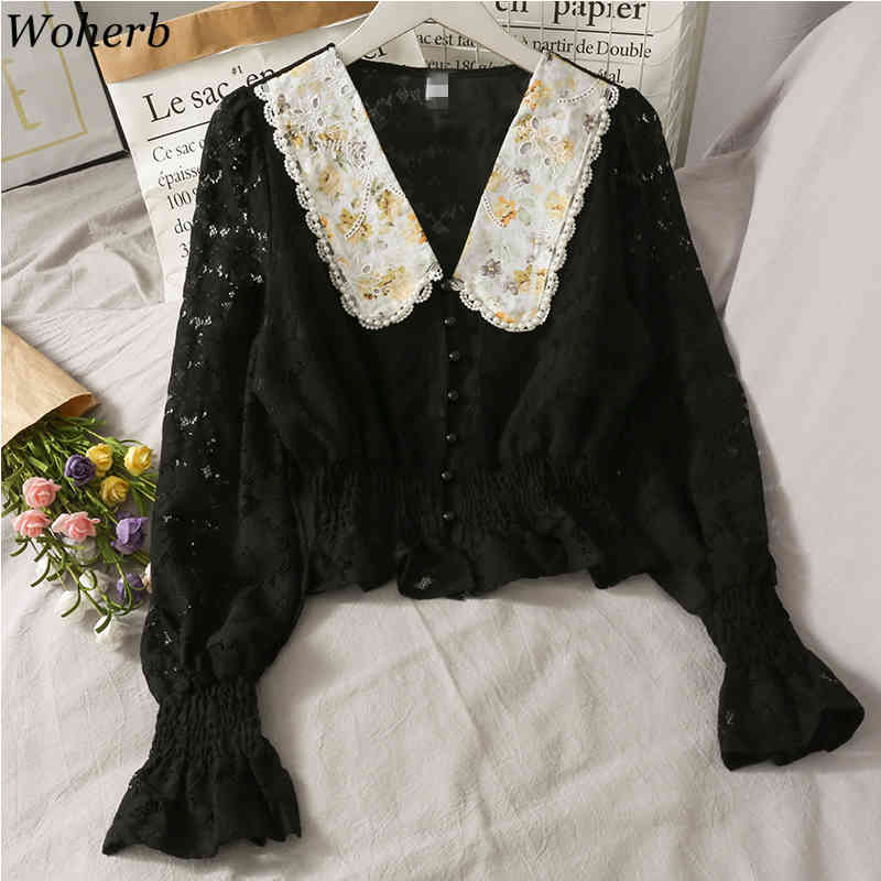 Elegant Lace Patchwork Hollow Out Blouse Women Peter Pan Collar Long Sleeve Cropped Blusas Spring Summer Shirt 210519