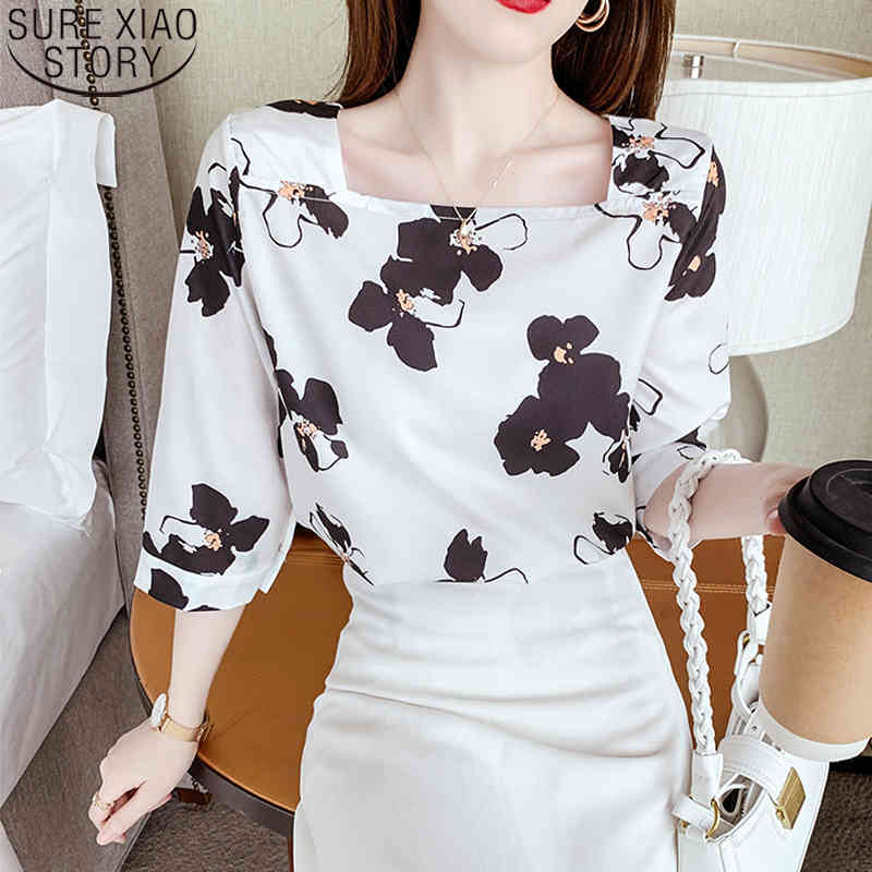Floral Print Blouses Women Tops Square Collar Silk Fashion Temperament Clothes Summer Three Quarter Sleeve 14287 210506