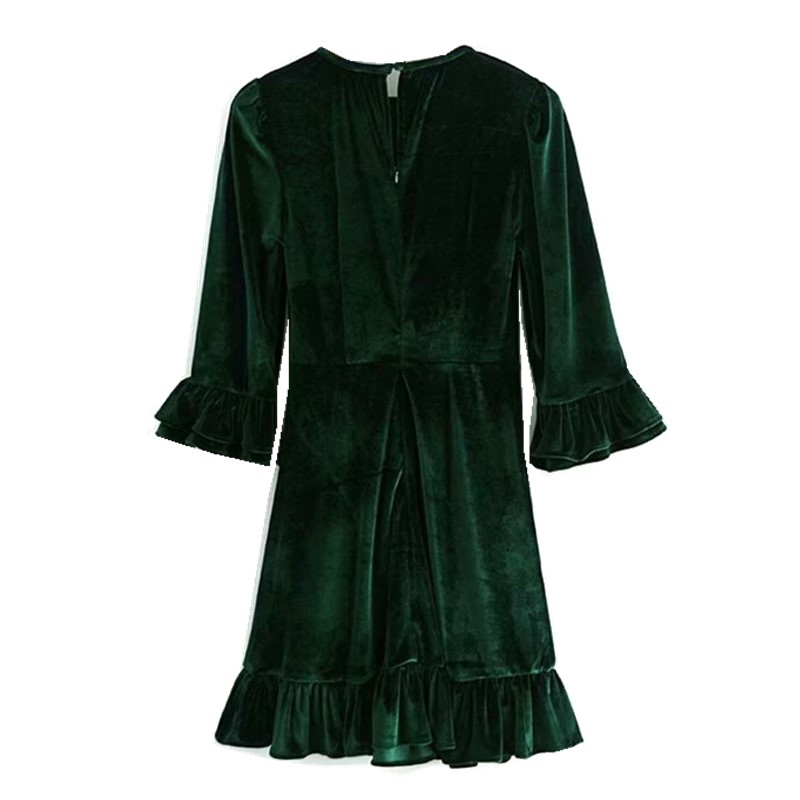 Elegant Fashion Ruffled Velvet Mini Dress Women Vintage Three Quarter Sleeve Ruffles Back Zipper Female Dresses Velour 210429