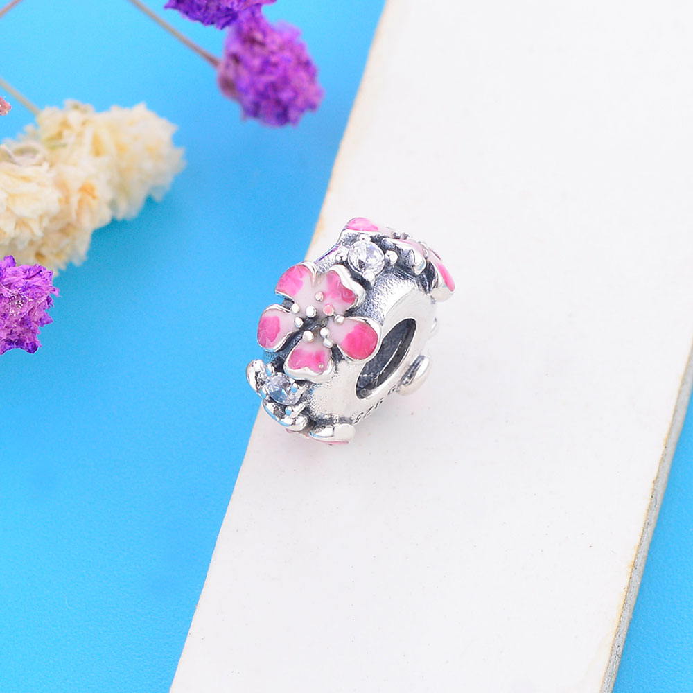 Fit Original Pan Charm Bracelet Authentic 925 Silver Pink Enamel Flower Spacer Bead For Making Women Summer Berloque