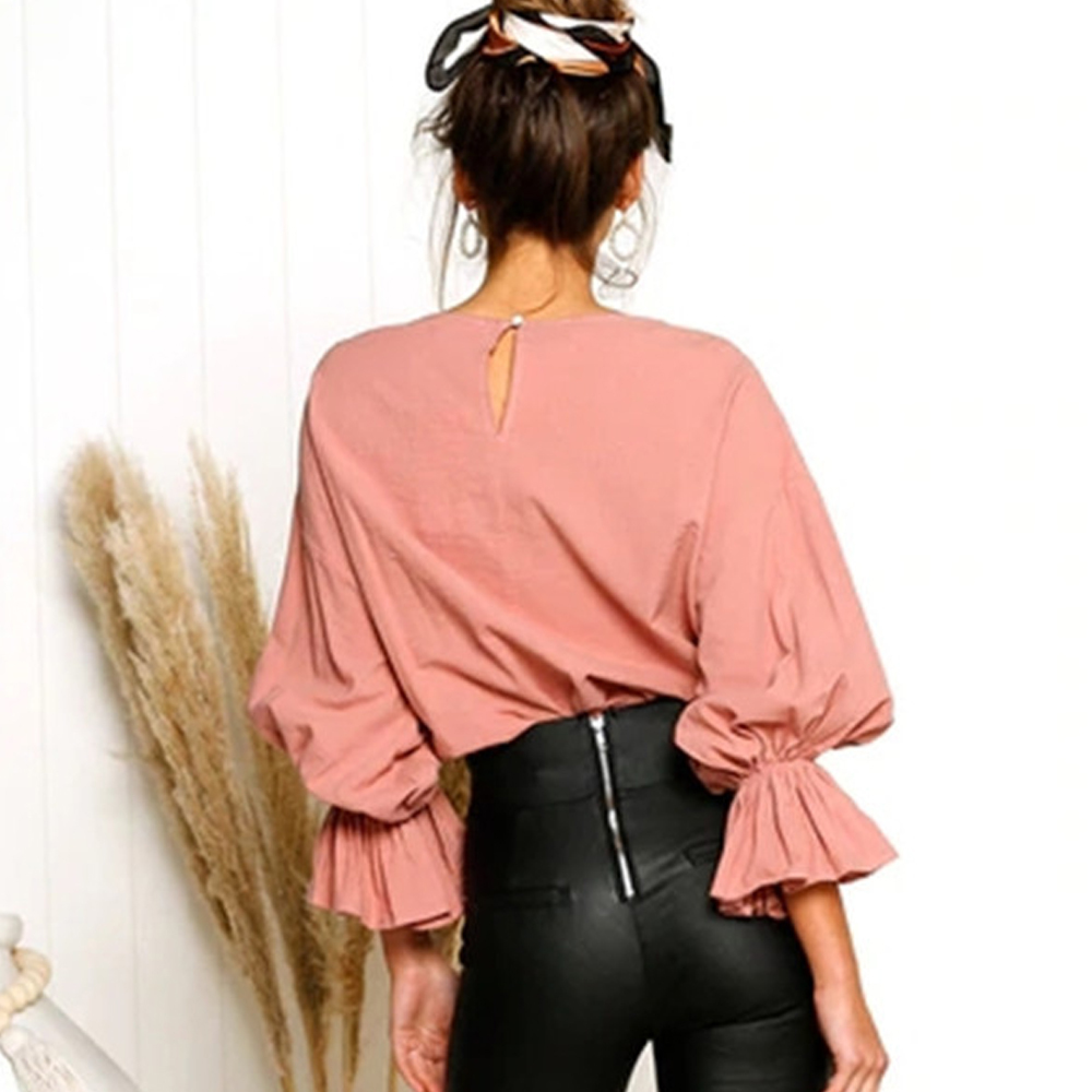 Pleated Lantern Sleeve O Neck Solid Women Shirts Fashion Flare Sleeves Hollow Out Casual Lady Blouses Women's Feminine Top 210428