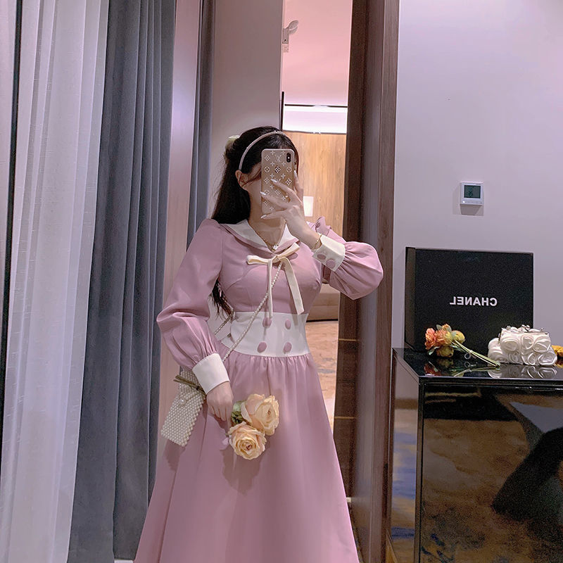 Spring Preppy Style Pink Kawaii Dress Women Sailor Collar Puff Sleeve Vintage Midi Dress Ladies Party Dress Korea 210521