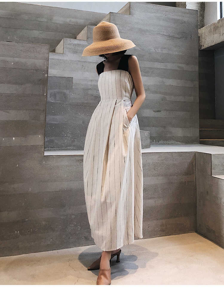 Women Casual Sleeveless Strap Linen Mid-calf Dress Summer striped Female Sundress Vestido 210623