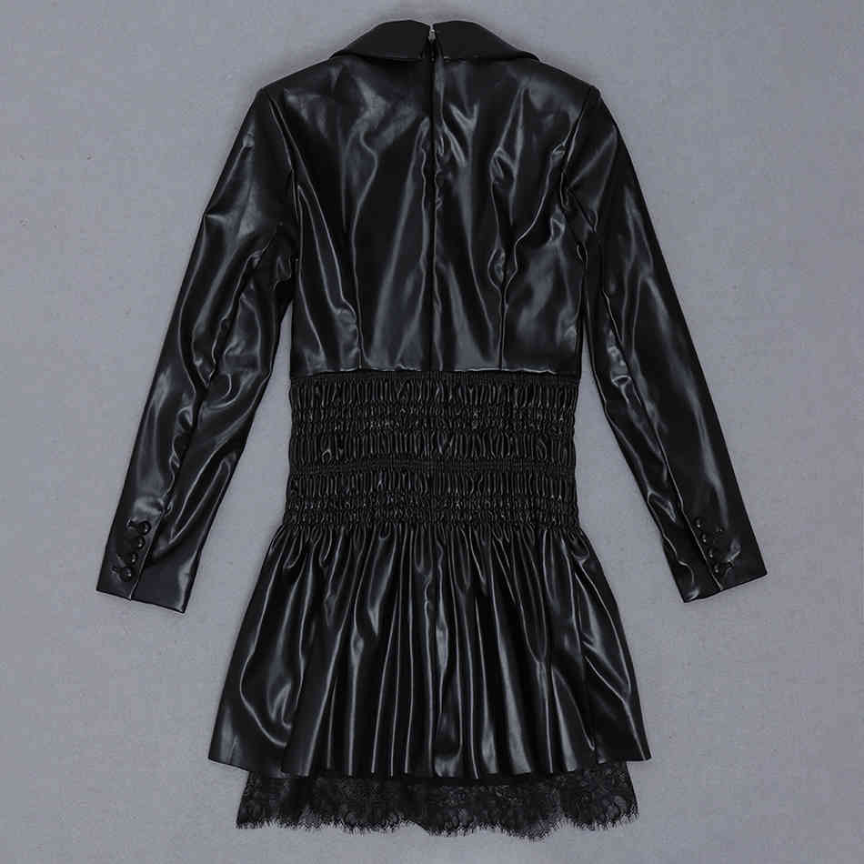 Free Women's Faux Leather Dress Sexy Lapel Long Sleeve Lace Stitching Bodycon Pleated Club Party Vestido 210524