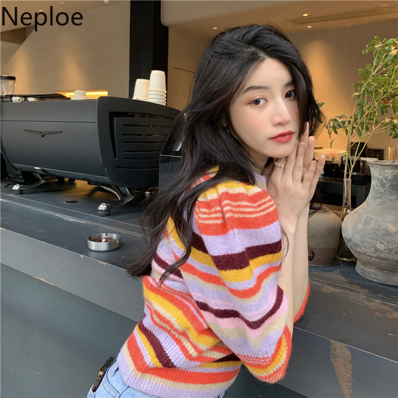 Neploe Women's T-shirts Casual O-Neck Knitted Pullover Korean Clothes Tees Contrast Color Striped Puff Sleeve Slim Rainbow Tops 210422