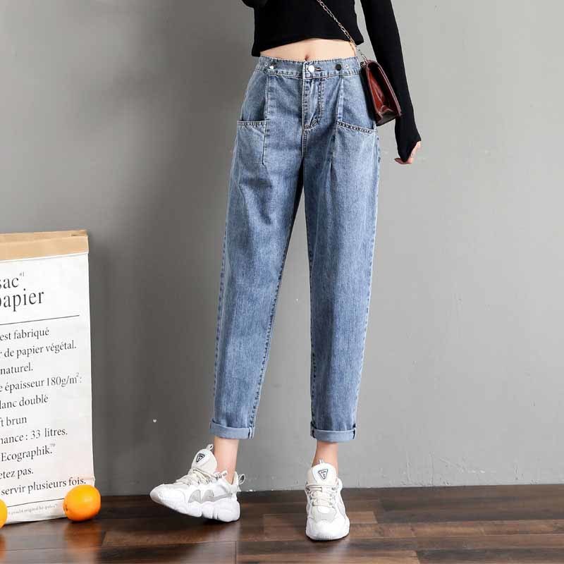 Women Jeans Autumn High Waist Fashion Loose Casual Cotton Harem Denim Trousers Office Lady with Multi-Pockets 10730 210518