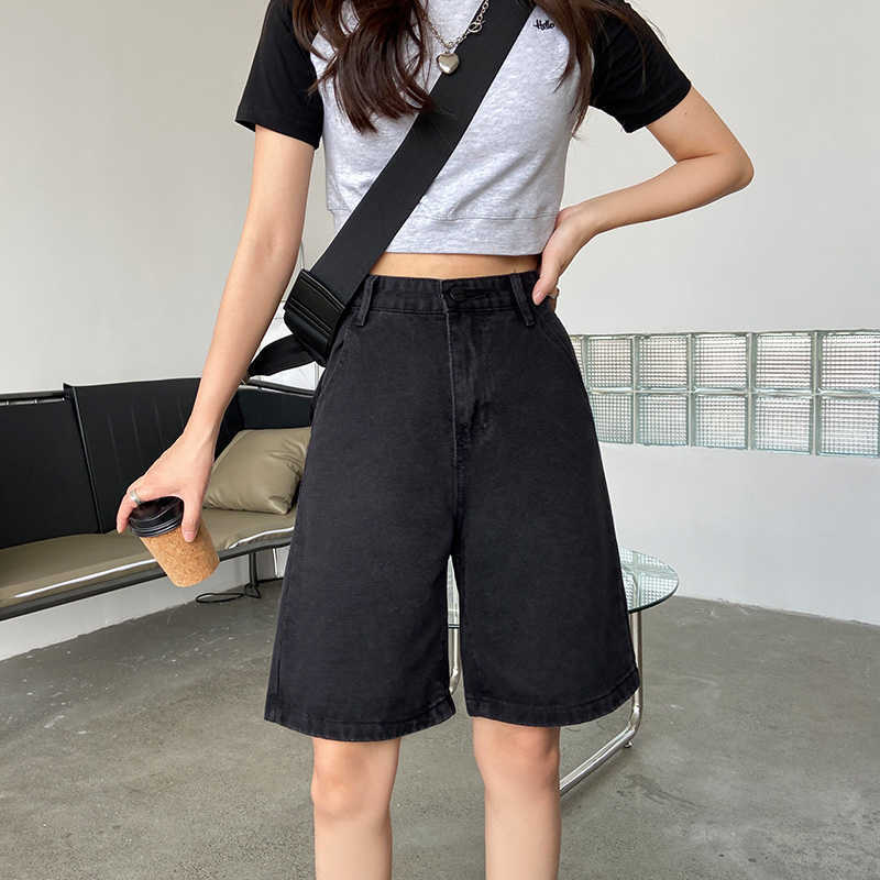 Ailegogo Summer Women High Waist Wide Leg Black Denim Shorts Casual Female Loose Straight Button Jeans Bermuda 210714