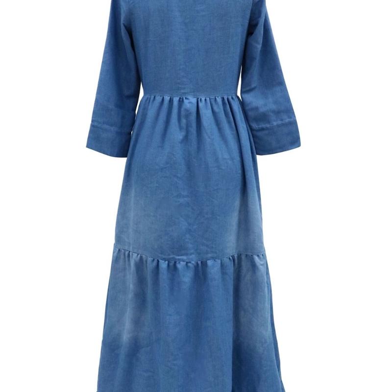 Women Dress Ruffles V-neck Vintage Denim Dresses Plus Size Loose Casual Long Suumer Blue Clothes 210524