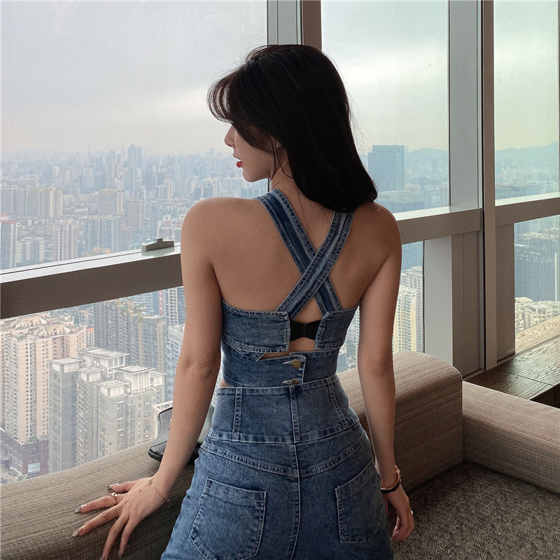 Summer Women Two Pieces Set Sexy Cross Backless Denim Short Tank Tops + High Waist Pencil Pants Suit Fashion Jeans Outfits 210519