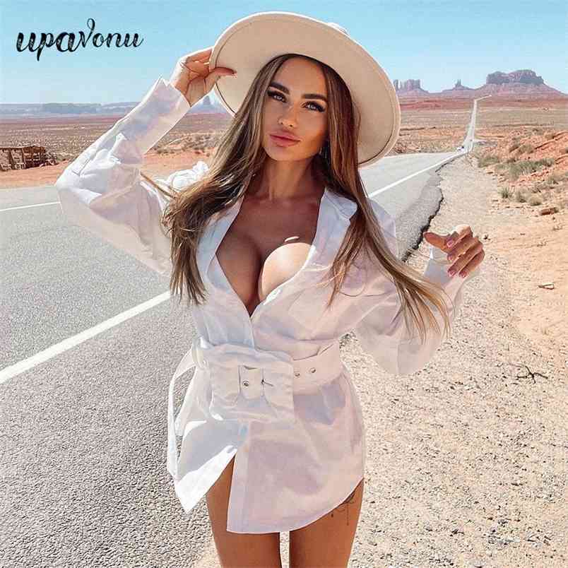 Free Fashion Ladies Loose Shirt Lapel Lantern Sleeve Single-breasted Belted Elegant Solid Color 210524