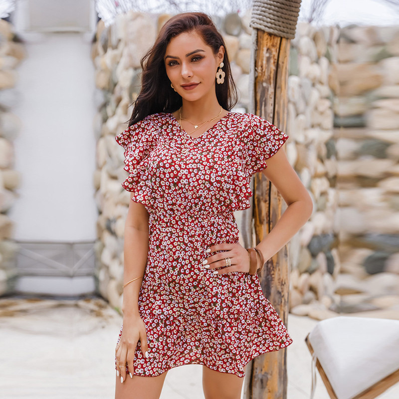 Fashion Butterfly Sleeve Floral Dress Women Casual Ruffles V Neck High Waist Autumn Winter Slim Print Dress For Women New 210413