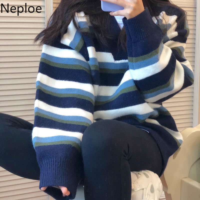 Neploe Preppy Style Knitted Pullovers Coat Chic Vintage Sweaters for Women Thicked All-match Striped Jumper Oversized Outwear 210422