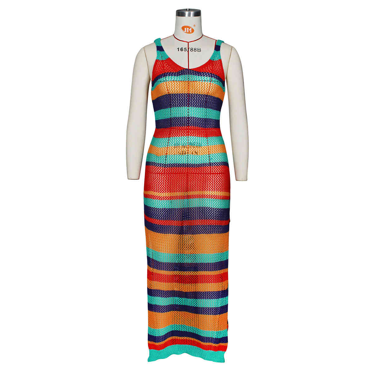 Sexy Bikini Cover-ups Handmade Rainbow Sleeveless Side Split Bodycon Summer Dress Crochet Tunic Women Swim Suit Cover up A376 210420