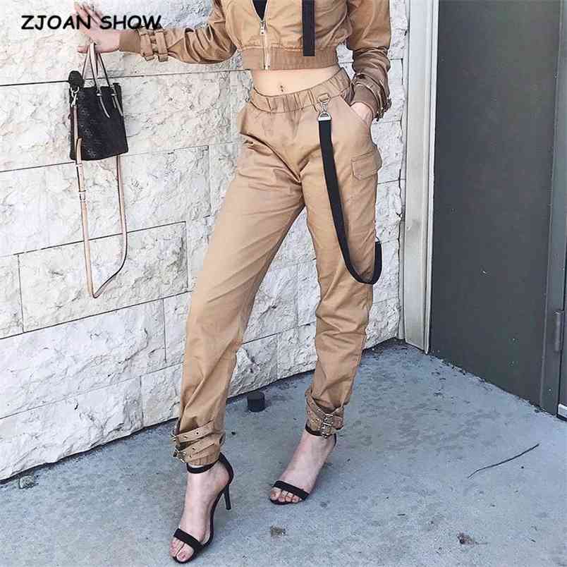 Boyfriend Style High Waist Elastic Cuff Safari Pants Woman Street Hip hop Loose Unisex Trousers Long Casual Cargo 210429