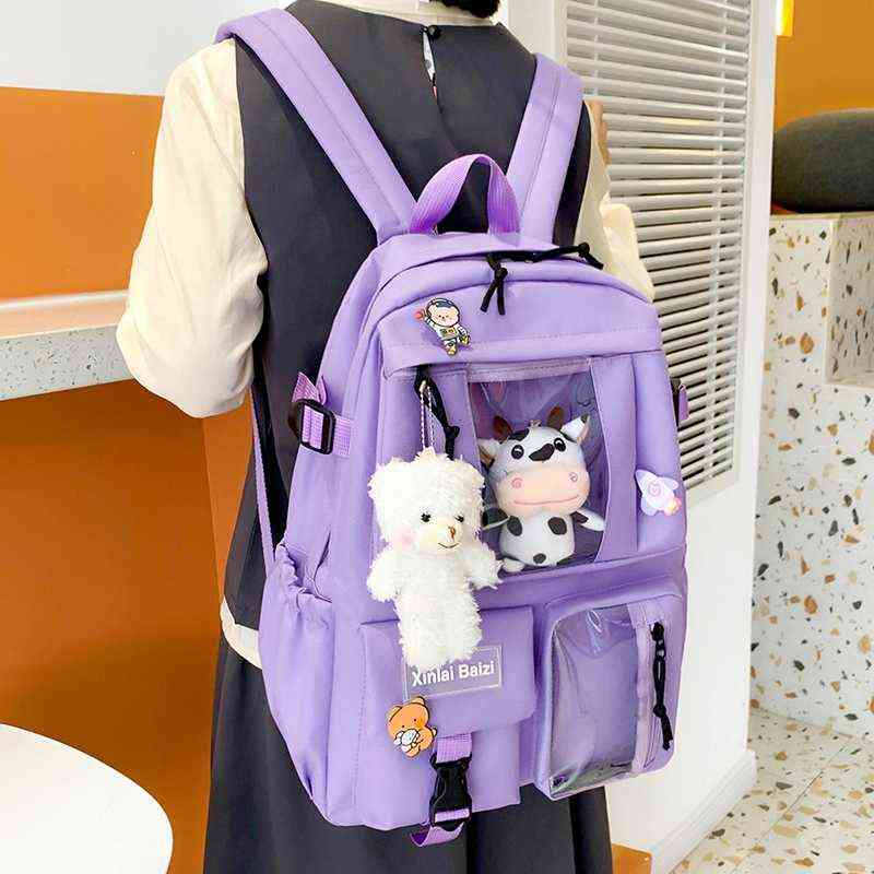 5-piece Fashion Women's Backpack Pure Color Cute Cartoon Student School Bag Canvas Large Capacity Lightweight Travel Backpacks 220209