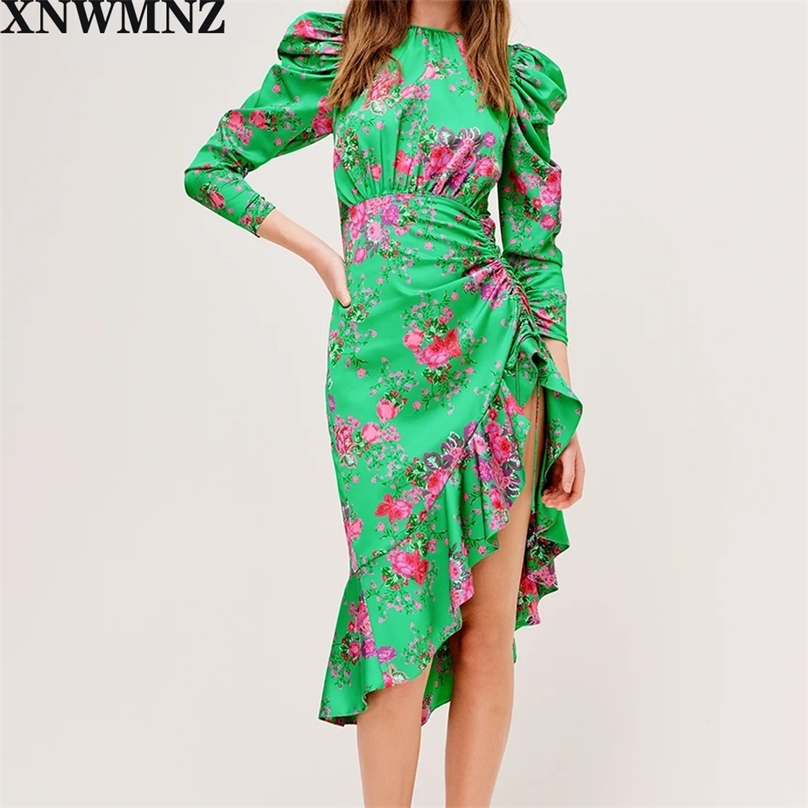 women floral print midi dress asymmetrical Drawstring ruffle skirt tie draped sleeves High Neckline chic female mujer 210520, Green 
women floral print midi dress asymmetrical Drawstring ruffle skirt tie draped sleeves High Neckline chic female mujer 210520, Green