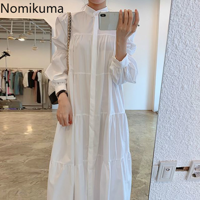 Nomikuma Vestidos New Arrival Stand Collar Long Sleeve White Dress Women Solid Color A Line Vintage Dresses Korean Style 3c363 210409
