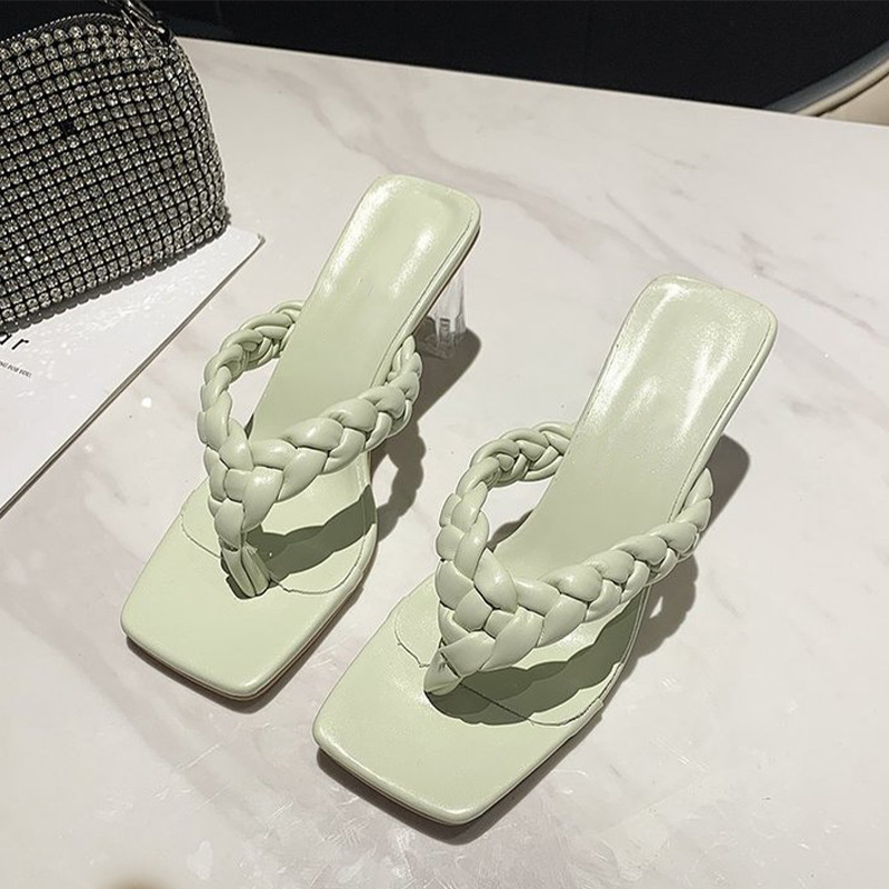 Ladies Fashion High Heels Slippers PU Leather Weave Women Square Toe Slipper Flip Flop Women's Casual Shoes Female 2021 Summer rtyh454w2