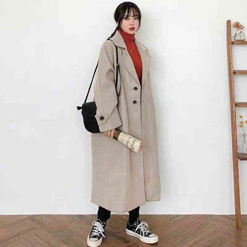 Woman Long Coat Fashion Korean Preppy Style Retro Versatile Windbreaker Casual Warm Woolen Coat Oversize Spring Women Coat 211104