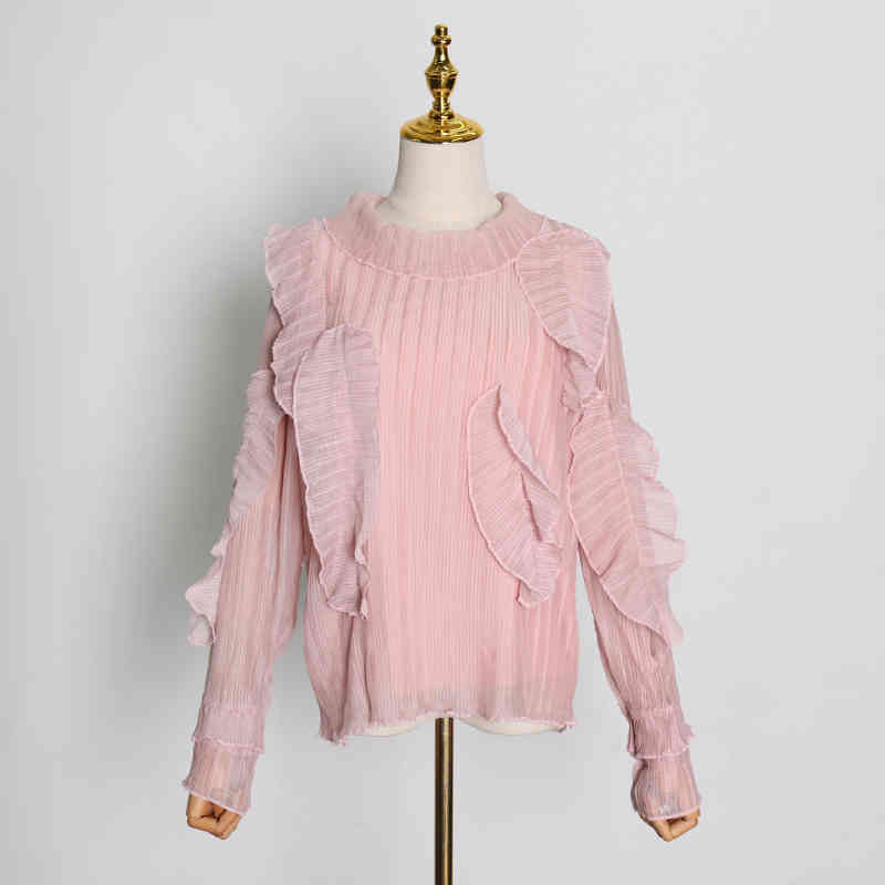 VGH Beige Patchwork Ruffles Women's Shirts Ruffled Collar Butterfly Long Sleeve Loose Slim Female Vintage Top Clothing New 210421