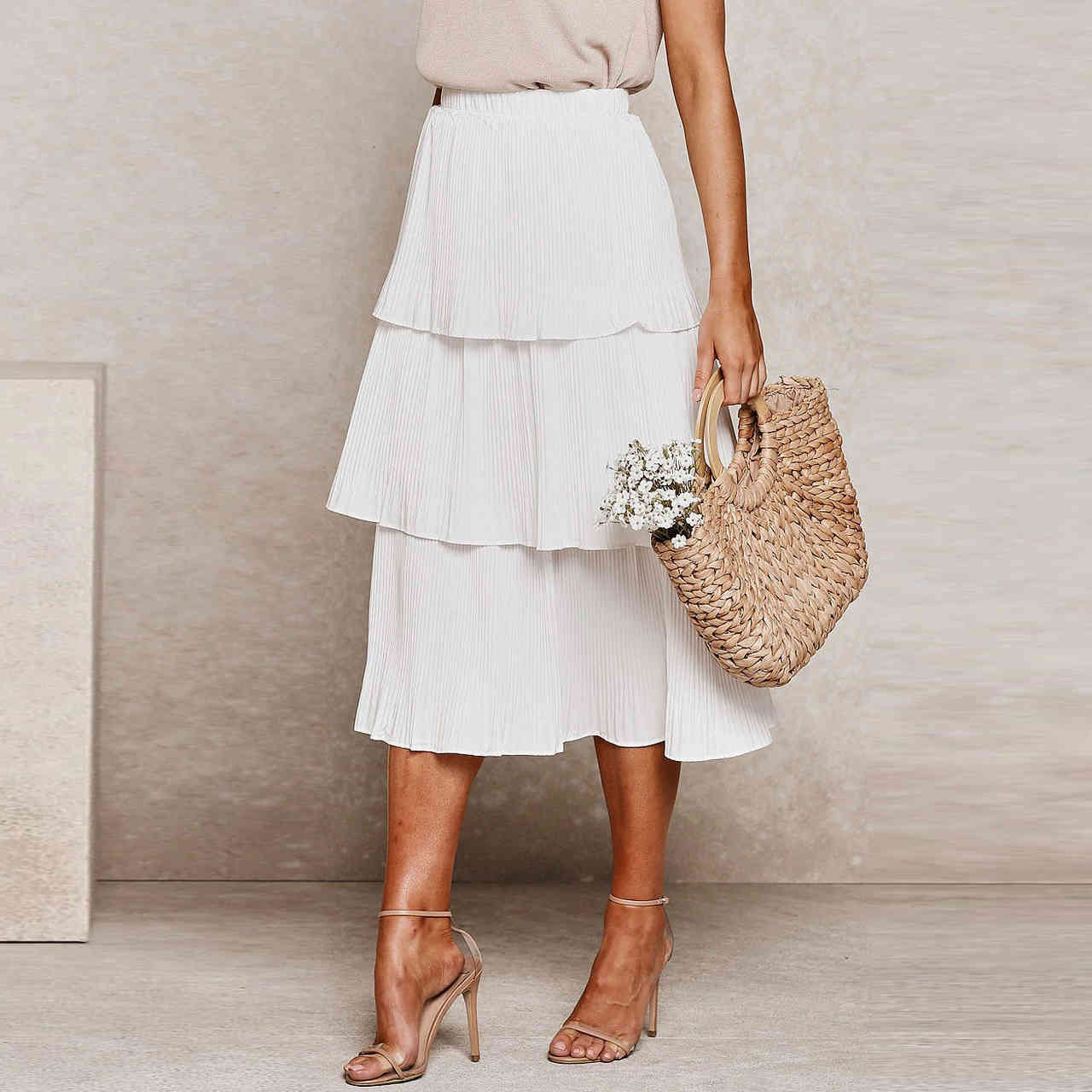 Beach skirts womens fashion chiffon stitching pleated female solid color Ruffles Mid-Calf long white lady 210508