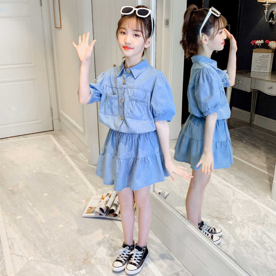 Kids Clothes Girls Denim Tshirt + Short Teenage Clothing Casual Style Sets Summer Children's 6 8 10 12 14 210528