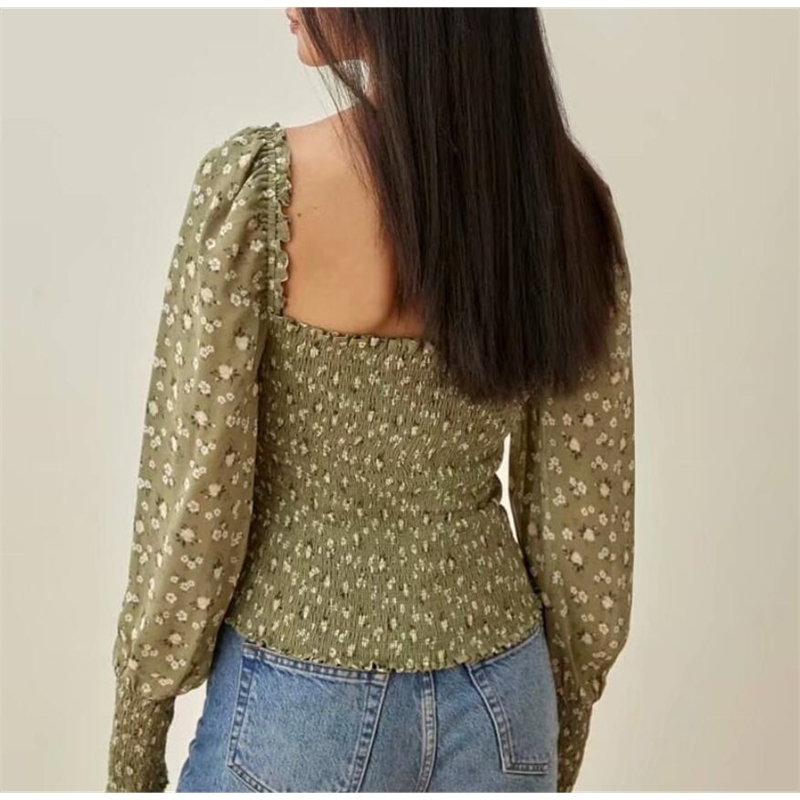 Vintage Green Flower Print Crop Shirt Women Sexy Square Neck Elastic Ruched Body Slim Fit Blouse French Summer Elegant Tops 210429